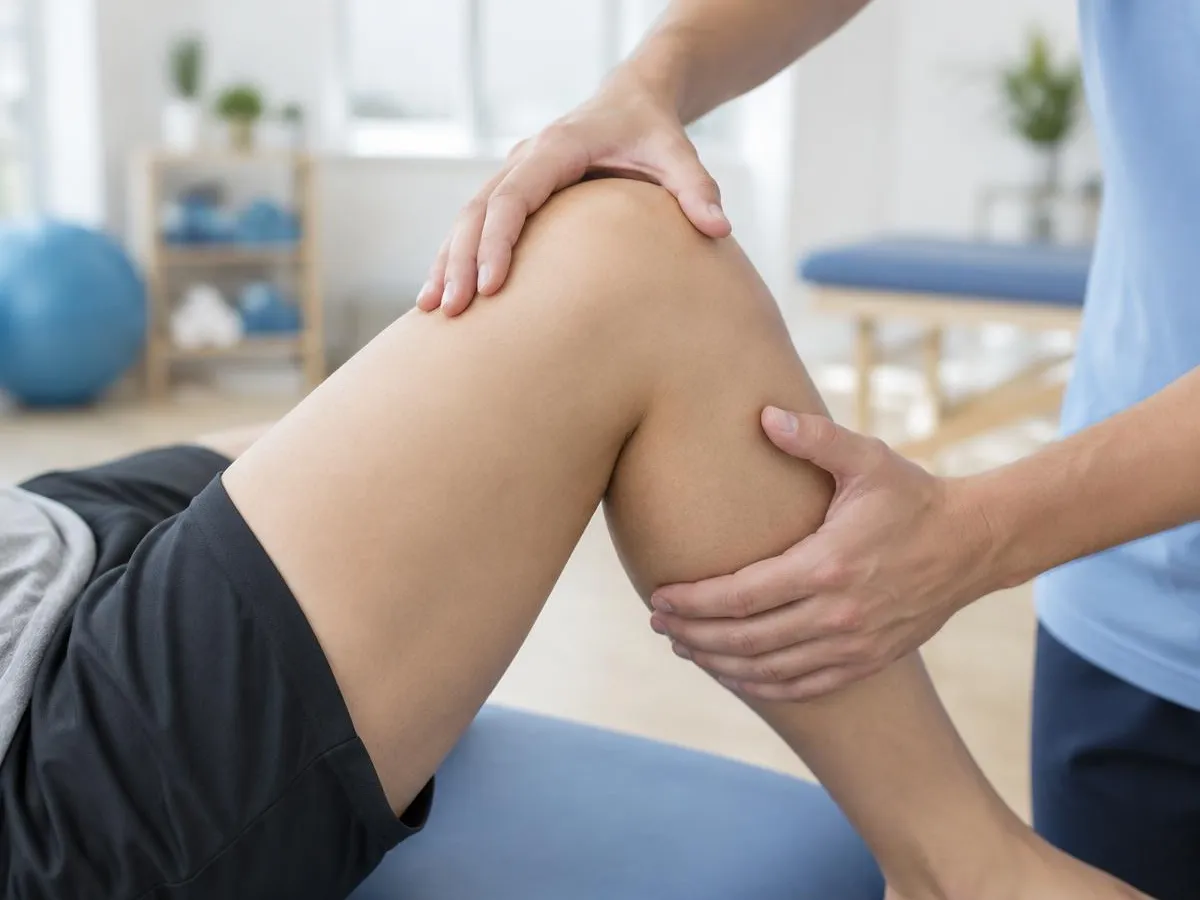 Genou fléchi sur une table de soin, accompagné par deux mains