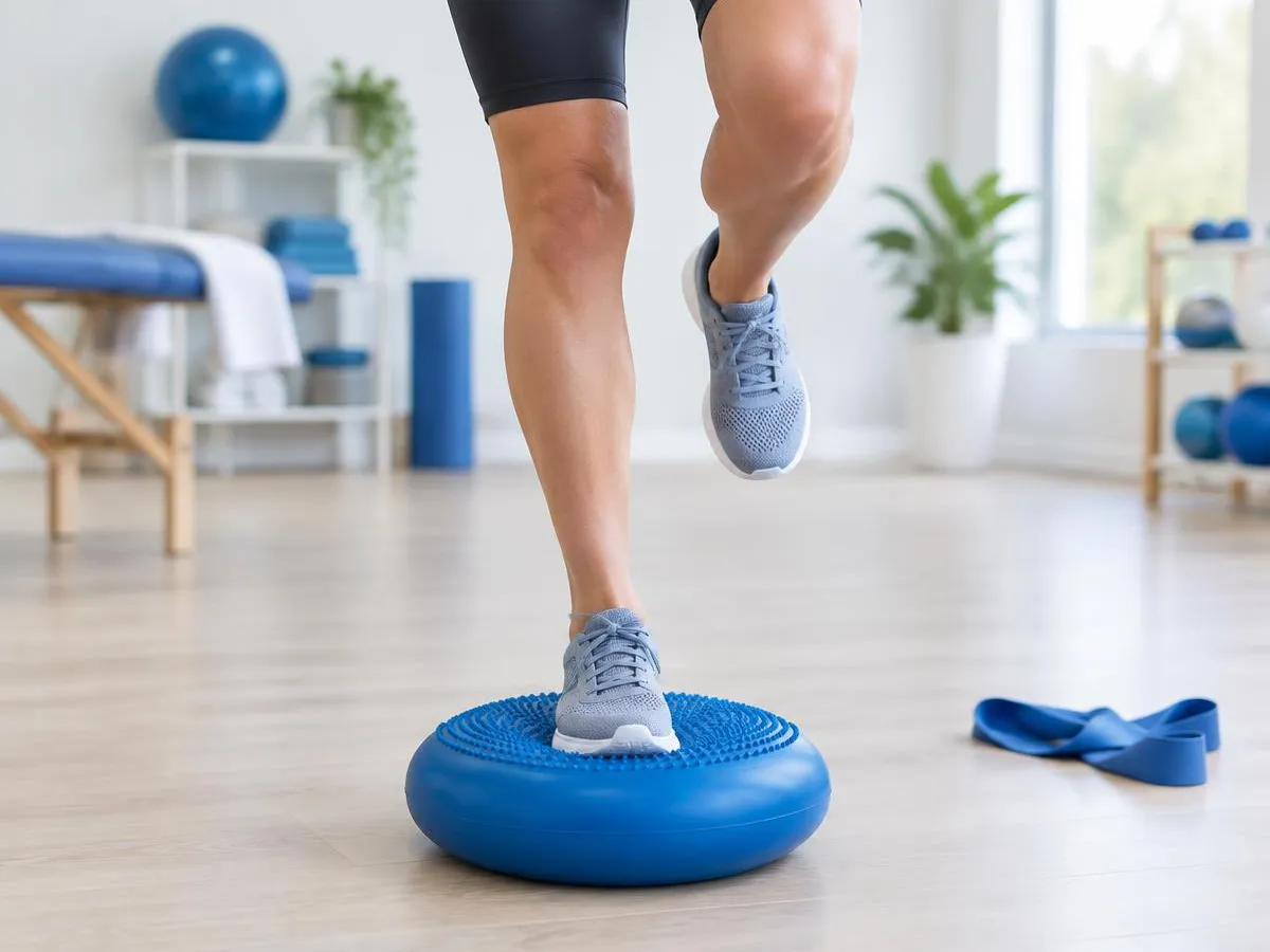 Jambe en appui sur un coussin d'équilibre, élastique de rééducation au sol