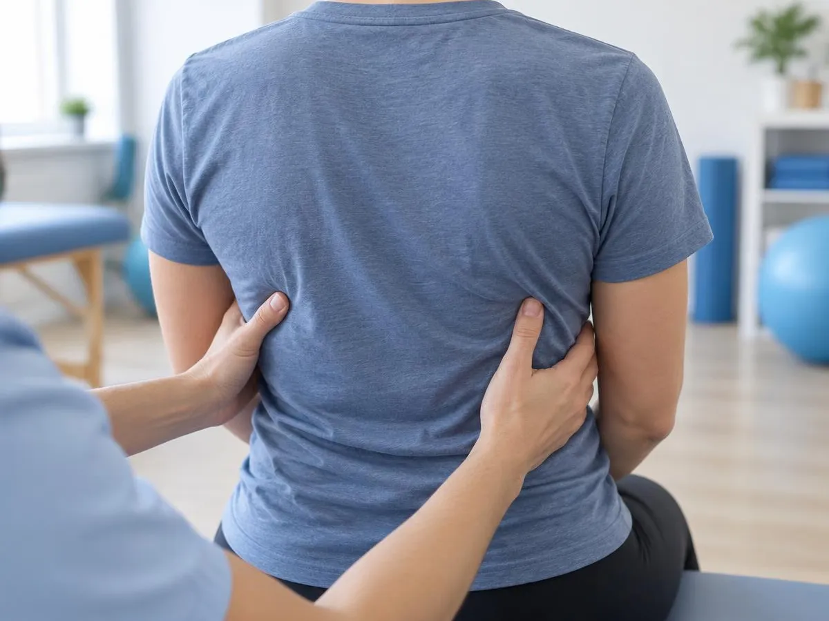 Mains posées sur les côtes d'une personne assise, vue de dos, pour guider la respiration