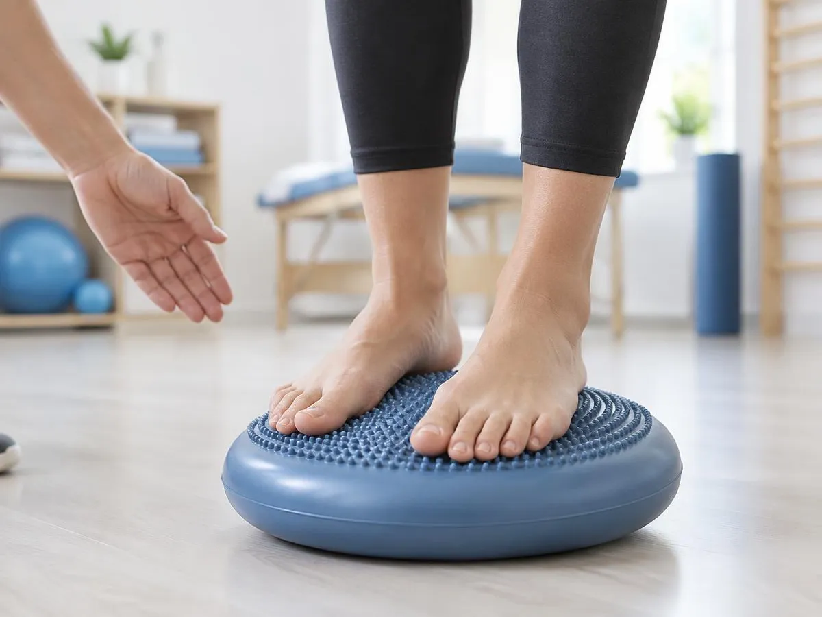 Pieds nus en équilibre sur un coussin, une main tendue pour sécuriser