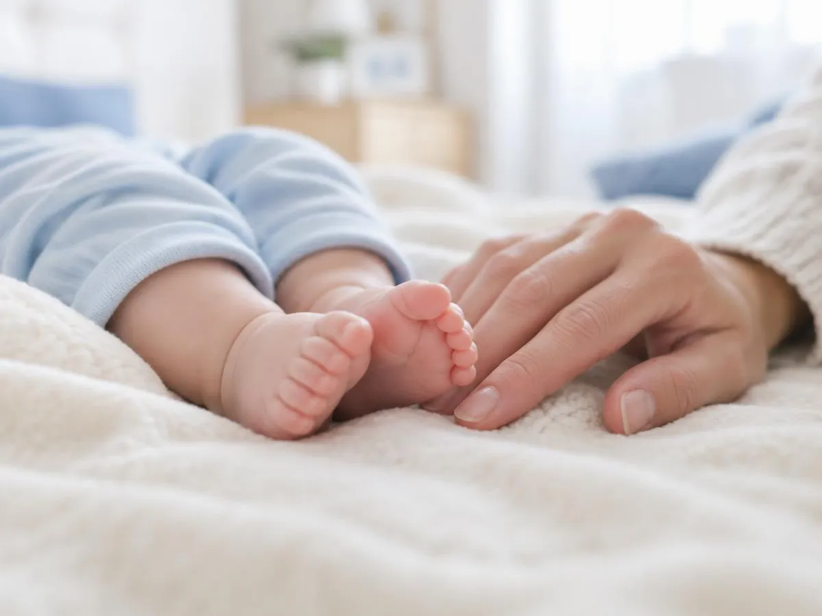 Petits pieds d'un nourrisson sur une couverture claire, une main d'adulte à côté